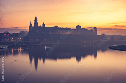 Krakow, Poland, Wawel Castle and Wawel cathedral in the morning over Vistula river 