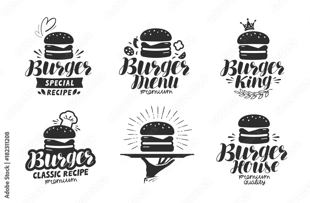 Burger, fast food logo or icon, emblem. Label for menu design restaurant or cafe. Lettering vector illustration
