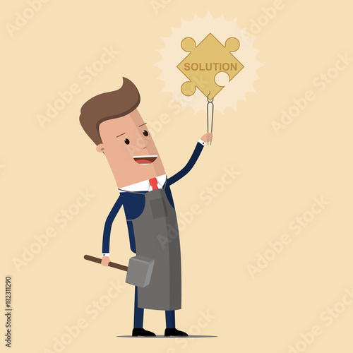 The businessman in the apron is holding over his head the part of the puzzle he made. Solution. Vector Illustration