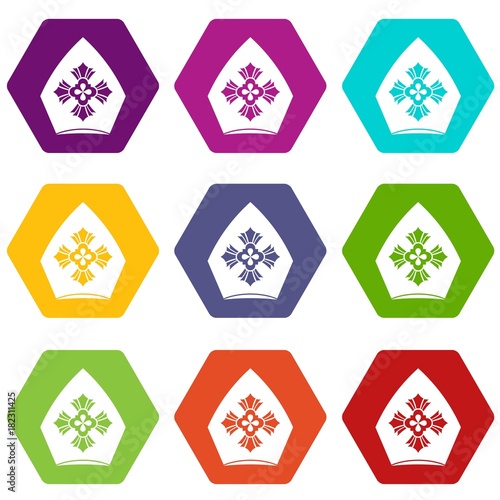 Christian hat icon set color hexahedron