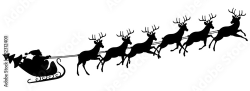 Santa Claus goes in a sleigh, dressed with reindeer. Christmas decor.Shapel, stencil.Vector illustration.