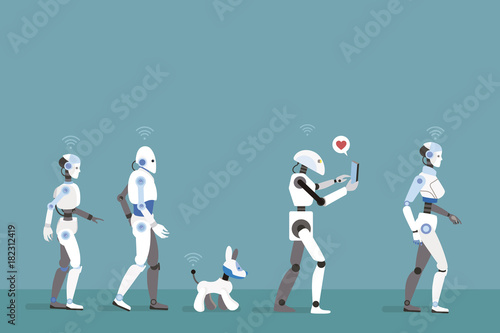 Robots Walking with Turquoise Background
