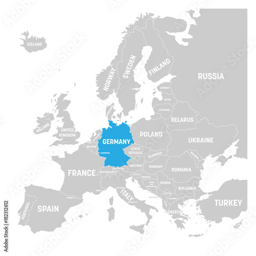 Germany marked by blue in grey political map of Europe. Vector illustration.