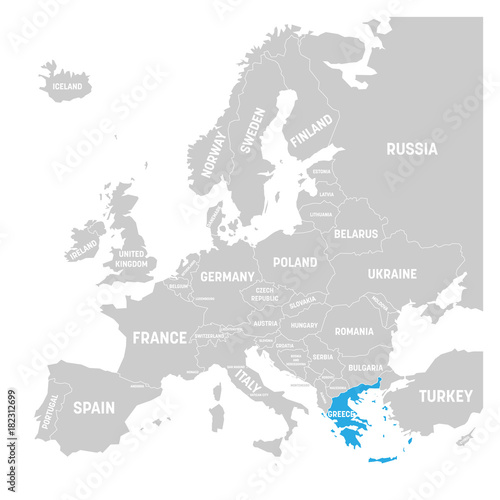 Greece marked by blue in grey political map of Europe. Vector illustration.