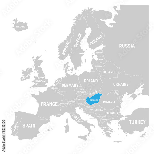 Hungary marked by blue in grey political map of Europe. Vector illustration.