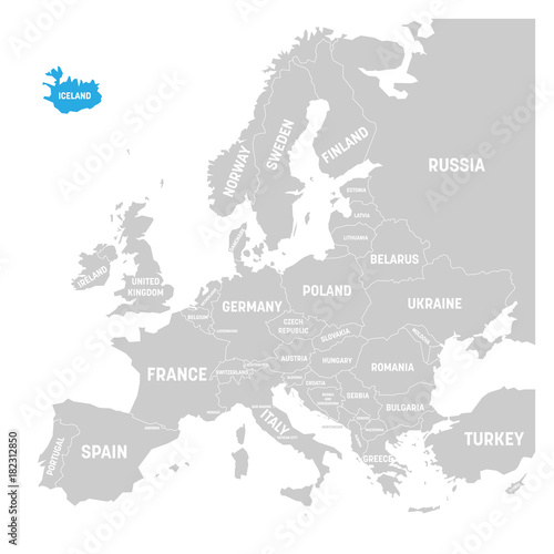 Iceland marked by blue in grey political map of Europe. Vector illustration.