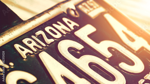 Old License Plate Arizona State, Western Retro Style Sunset
