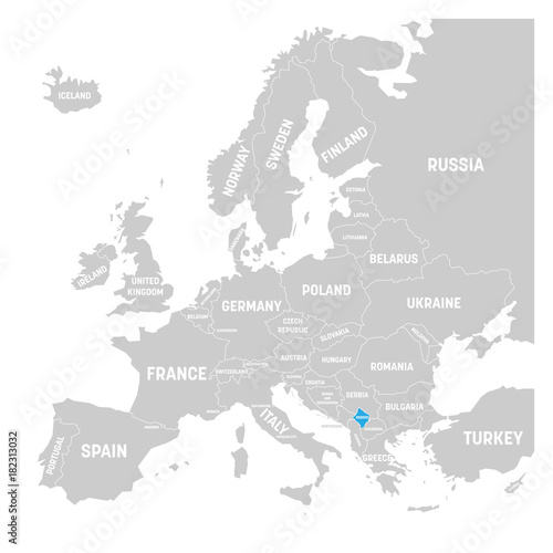 Kosovo marked by blue in grey political map of Europe. Vector illustration.