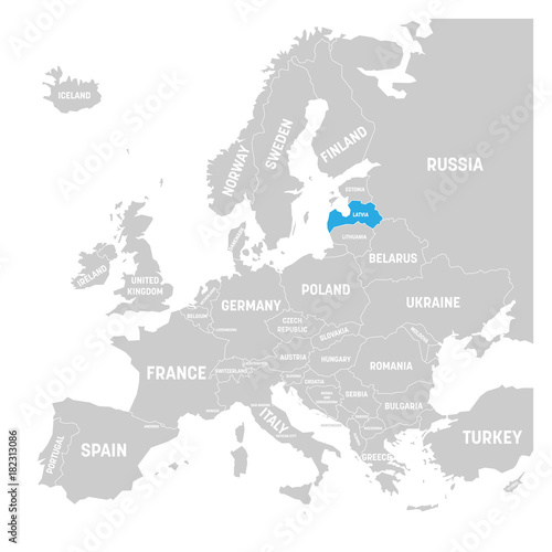 Latvia marked by blue in grey political map of Europe. Vector illustration.