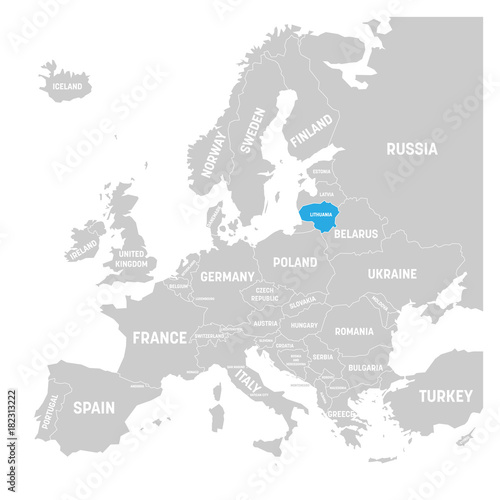 Lithuania marked by blue in grey political map of Europe. Vector illustration.