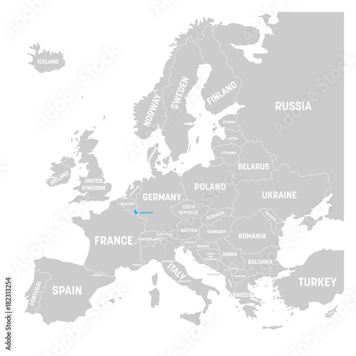 Luxembourg marked by blue in grey political map of Europe. Vector illustration.