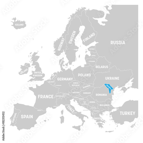 Moldova marked by blue in grey political map of Europe. Vector illustration.