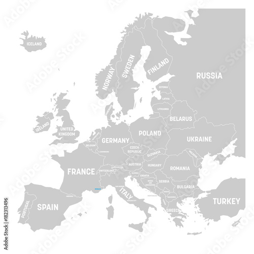 Monaco marked by blue in grey political map of Europe. Vector illustration.