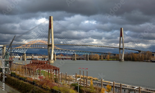 Sky Train Bridge, Pattullo Bridge and Railroad Track over the Fraser River between New Westminster and Surrey British Columbia