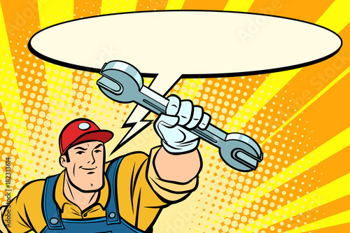 Male repairman with a wrench says comic book bubble