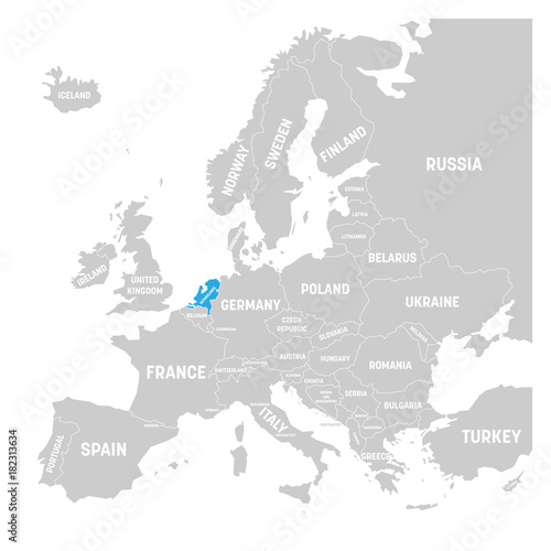 Netherlands marked by blue in grey political map of Europe. Vector illustration.