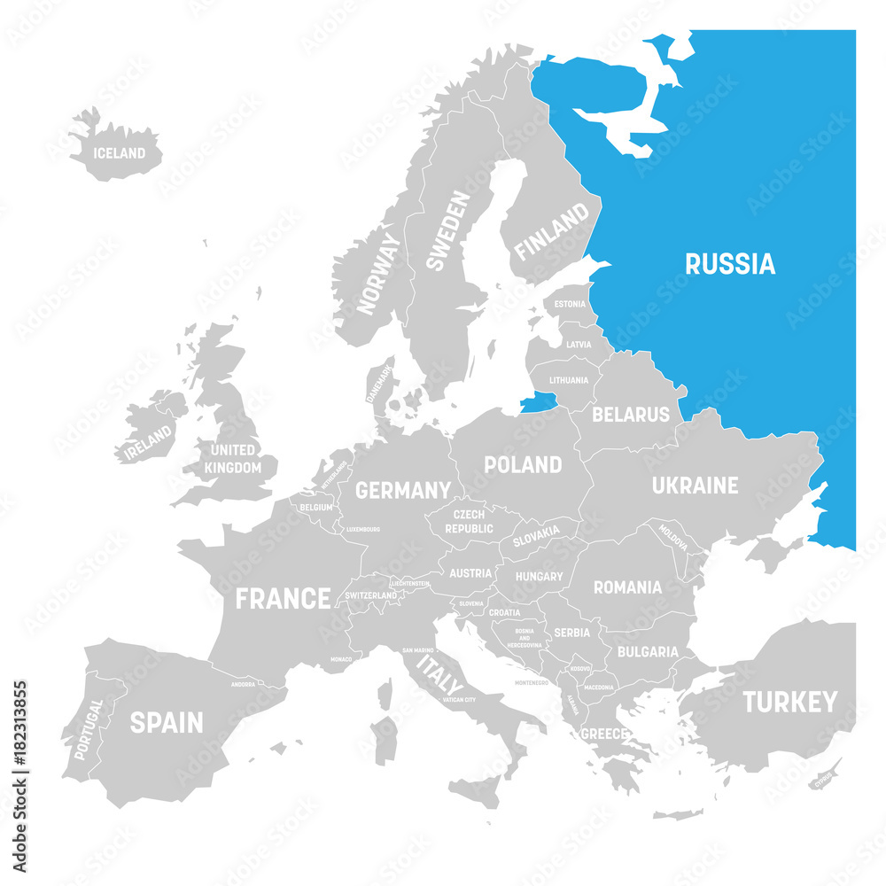 Fototapeta Russia marked by blue in grey political map of Europe. Vector illustration.