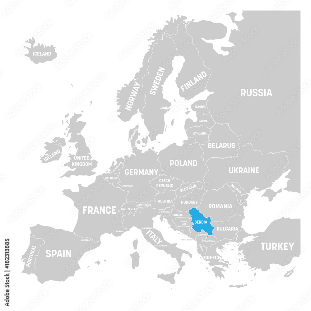 Serbia marked by blue in grey political map of Europe. Vector illustration.