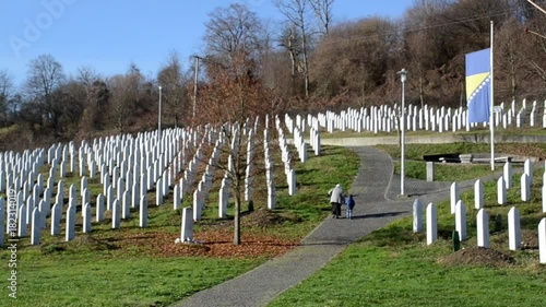 Gravestones in Srebrenica Genocide Memorial in Potocari. Cemetery for the victims of the 1995 genocide in Bosnia Herzegovina photo