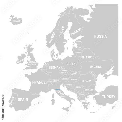 San Marino marked by blue in grey political map of Europe. Vector illustration.