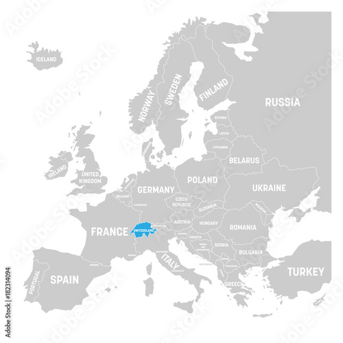 Switzerland marked by blue in grey political map of Europe. Vector illustration.