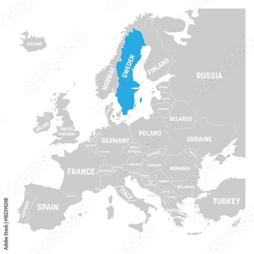 Sweden marked by blue in grey political map of Europe. Vector illustration.