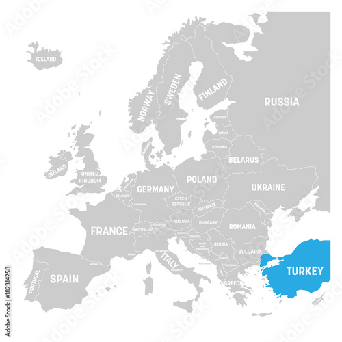 Turkey marked by blue in grey political map of Europe. Vector illustration.