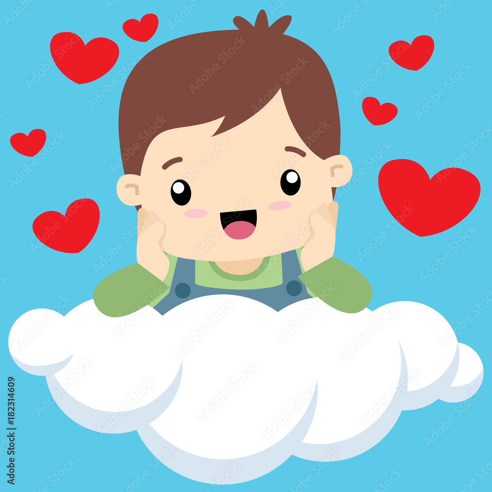Cute Little Boy In Love With Hearts Sitting On a Cloud Valentine Card Illustration Cute Little Boy In Love With Hearts Sitting On a Cloud Valentine Card Illustration