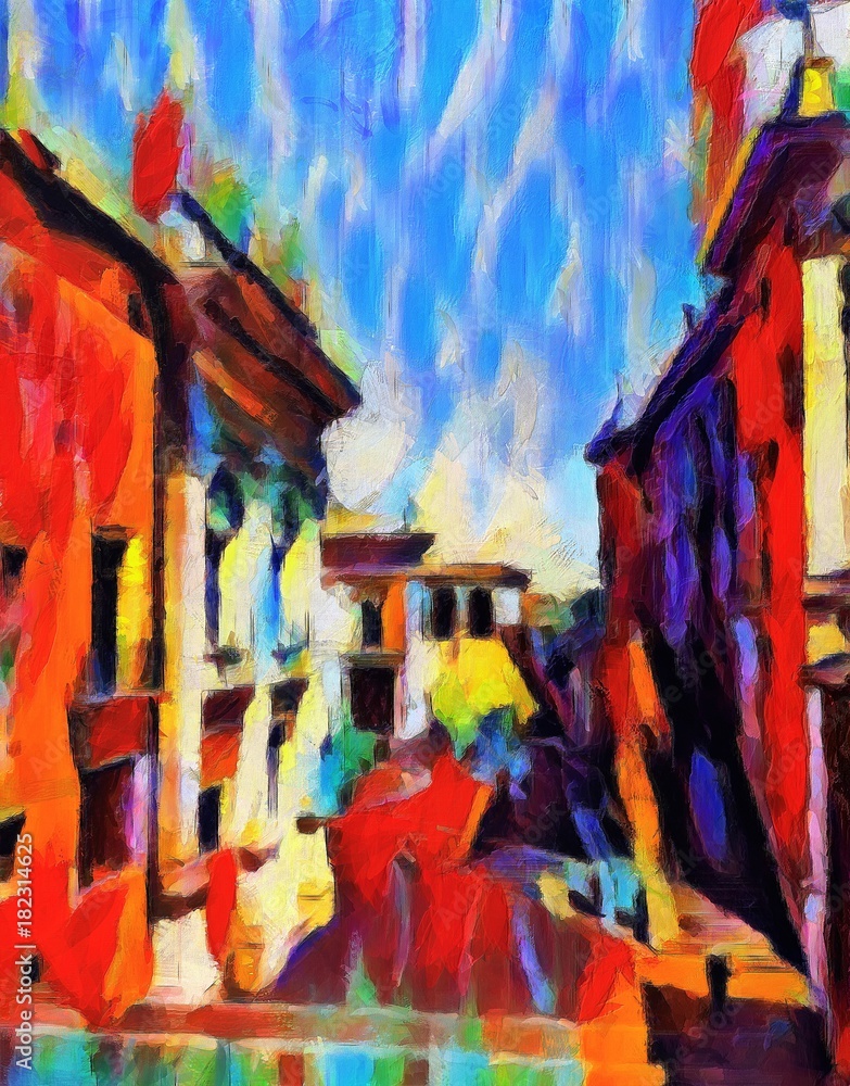 Fototapeta premium Staircase in the historic center of Rome. Large size modern wall art oil painting on canvas. Colorful abstract impressionism artwork.