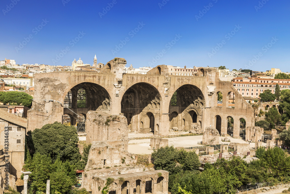 The ruins of the Roman forum with the Basilica of Maxentius and Constantine, Rome, Italy