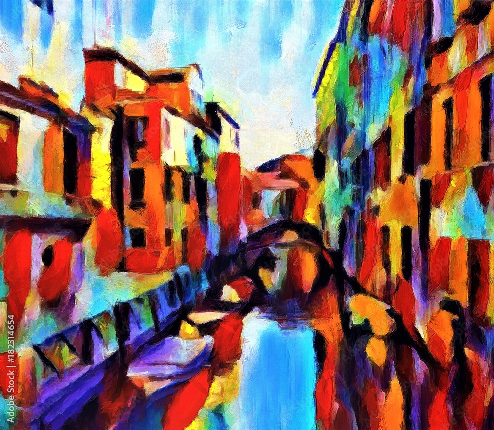 View of the canal in Venice. Large size modern wall art oil painting on canvas. Colorful abstract impressionism artwork.