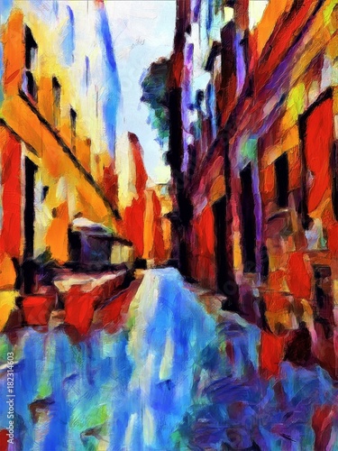 View of the canal in Venice. Large size modern wall art oil painting on canvas. Colorful abstract impressionism artwork.