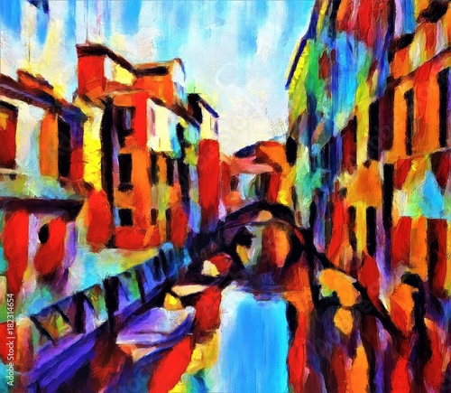View of the canal in Venice. Large size modern wall art oil painting on canvas. Colorful abstract impressionism artwork. © Avgustus