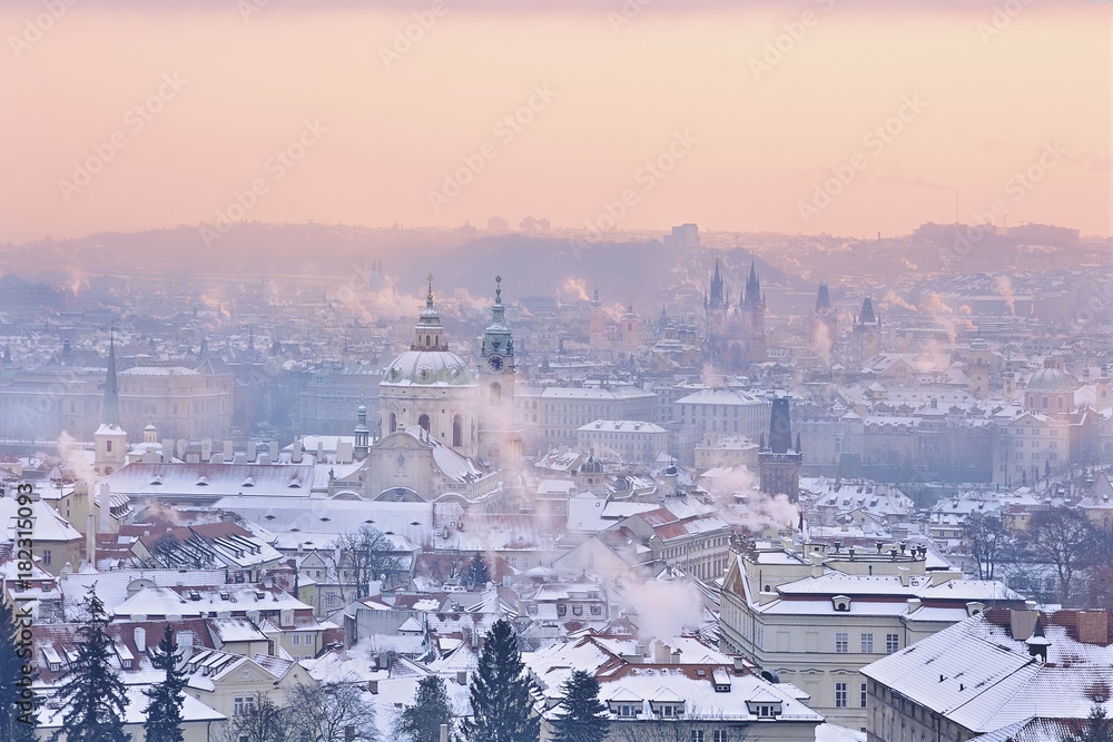 Fototapeta premium Winter Prague Panorama with St. Nicholas Church and Old Town