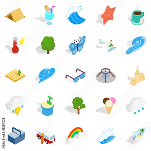 Lie on the beach icons set, isometric style