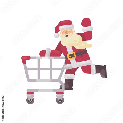 Santa Claus riding a shopping cart. Happy Christmas character flat illustration © Ivan Dubovik