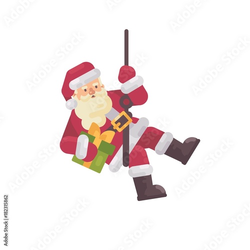 Santa Claus rappelling with a present in hand. Santa climbing down the chimney. Christmas character flat illustration