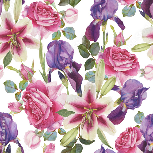 Floral seamless pattern with hand drawn watercolor lilies, roses and iris 