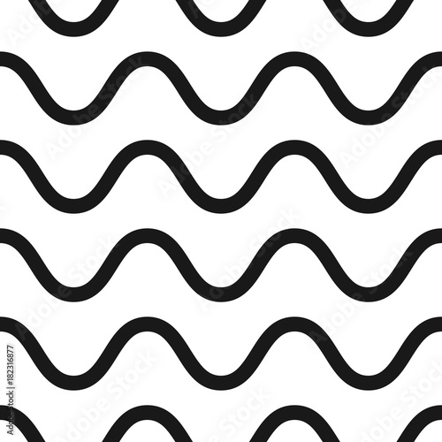 Vector seamless pattern, horizontal wavy lines, curves, waves. Simple monochrome black & white background, abstract repeat texture. Design element for prints, decor, textile, fabric, furniture, cloth