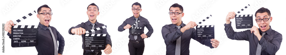 Funny man with movie clapper Funny man with movie clapper
