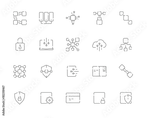 Simple set of Blockchain related vector line web icons. Contains such Icons as Blockchain, Block, Transaction, Ledger, Distribution and more. Editable Stroke. 48x48 Pixel Perfect.