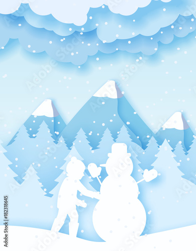 3d abstract pastel paper cut illustration of boy building snowman. Vector template