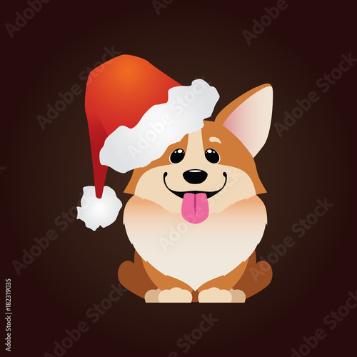 Cute dog breed welsh corgi in a Santa Claus hat