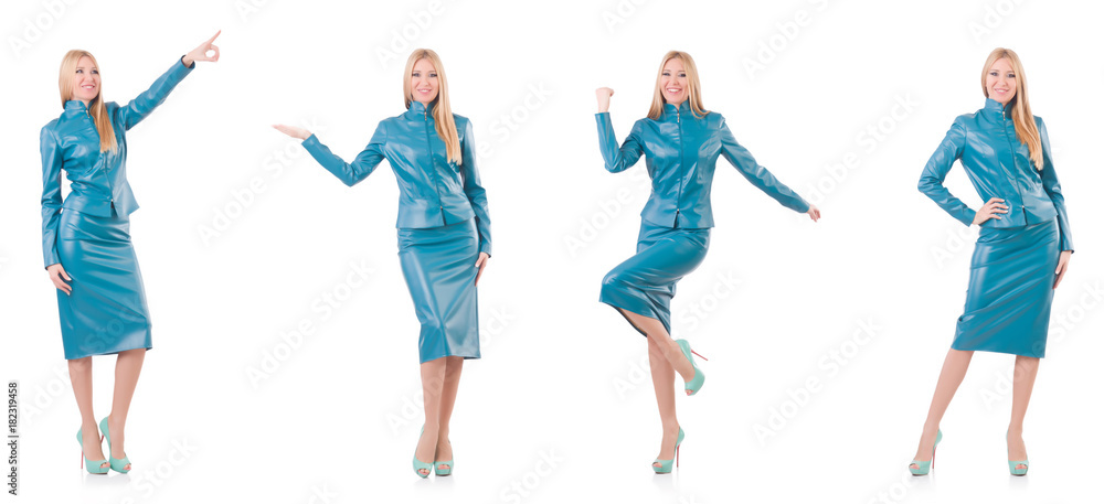 Fototapeta premium Woman pressing virtual button isolated on white