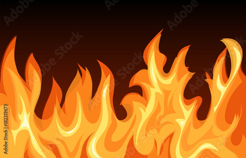 Fire flames on dark background, illustration.