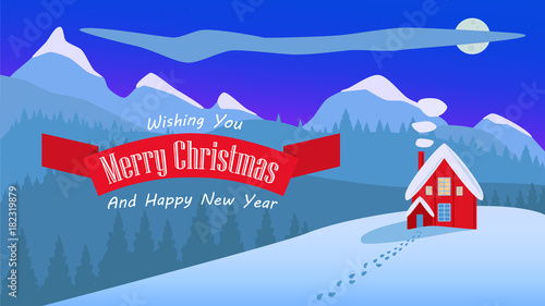 Simple Christmas landscape. Lonely village in snowy mountain under the moonshine 