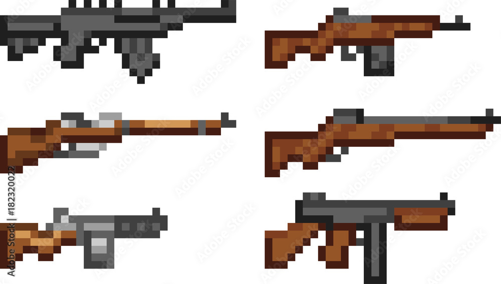 Set of weapon icons in pixel style