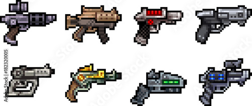 Set of weapon icons in pixel style