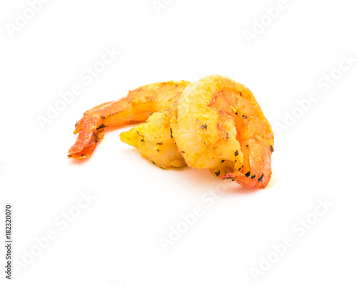 Studio shot two cooked shrimps with fresh ingredient isolated on white background. Grill BBQ style mixed spicy white shrimp prawns. photo