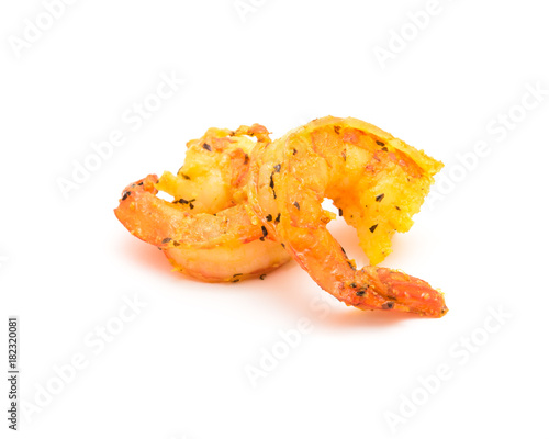 Studio shot two cooked shrimps with fresh ingredient isolated on white background. Grill BBQ style mixed spicy white shrimp prawns. photo